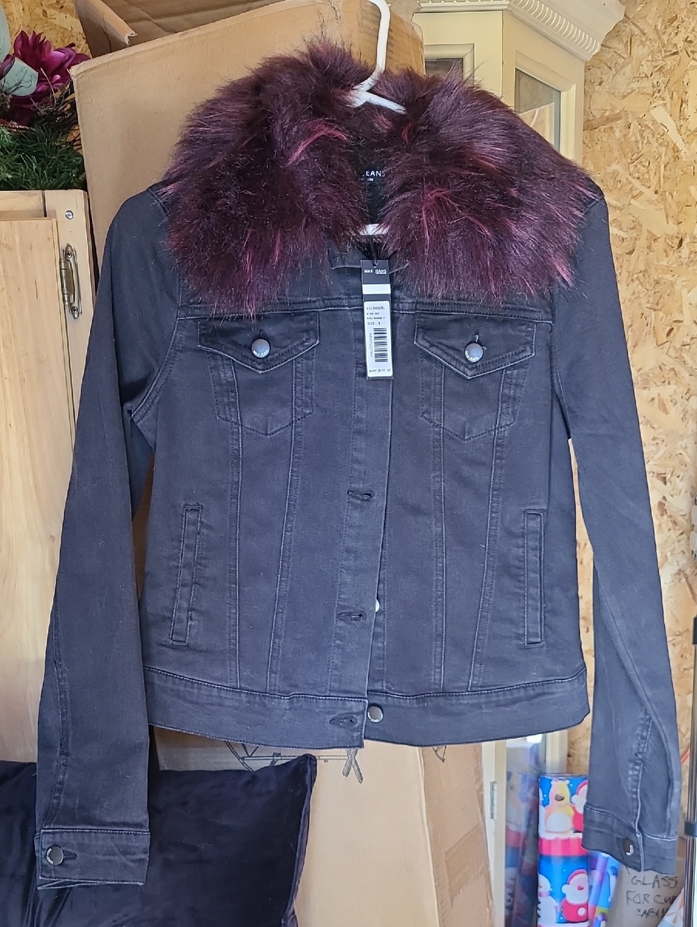 Max Jeans Black Denim Jacket with Plum Fur Collar
